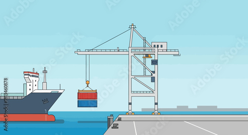 Container Ship Loading with Crane at Port Terminal.