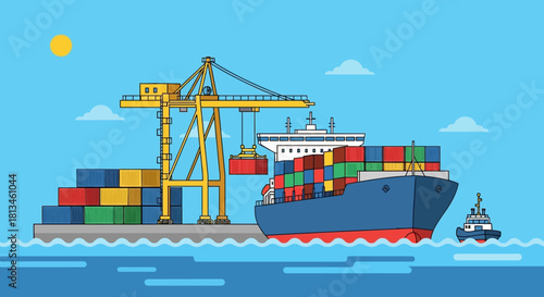Container Ship Unloading at Port with Crane and Tugboat.