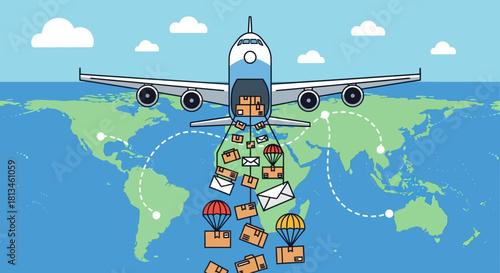 Airplane Delivering Packages Worldwide, Global Delivery Concept.