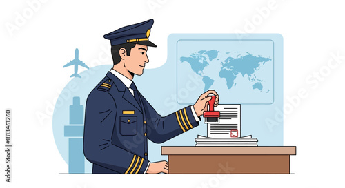 Airport Security Officer Stamping Passport at Immigration Desk.