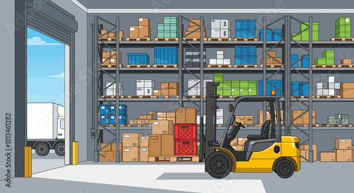 Warehouse Interior with Forklift and Shelves Full of Boxes.