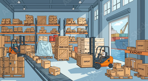 Busy Warehouse Scene with Forklift and Conveyor Belt.