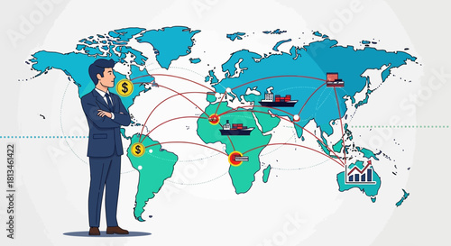 Global Trade and Investment with Businessman and World Map.
