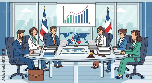 Business Meeting with International Flags and Financial Chart.