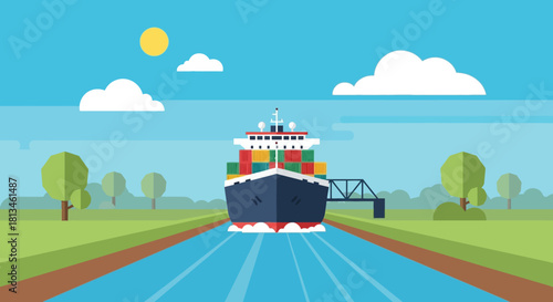 Cargo Ship Navigating a Canal on a Sunny Day.