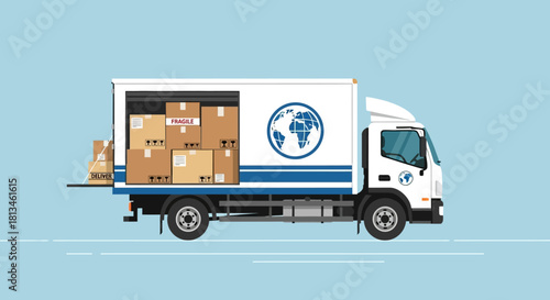 Delivery Truck Filled with Cardboard Boxes for Shipping.