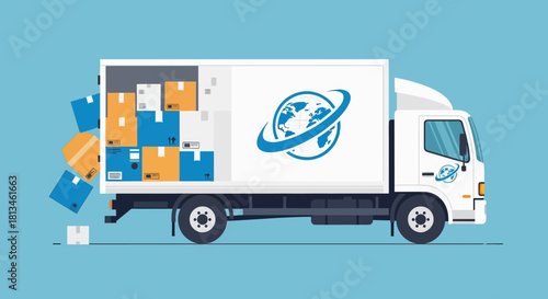 Delivery Truck with Boxes and Global Logistics Logo.