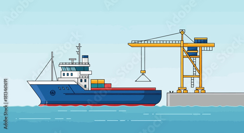 Cargo Ship Docking at Port with Crane.