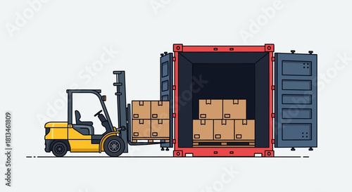 Forklift Loading Boxes into Shipping Container for Transportation.