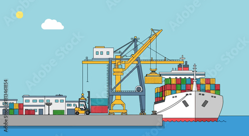 Busy Port Scene with Cargo Ship and Crane Unloading Containers.