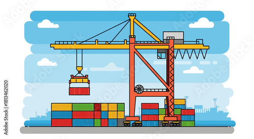 Container Crane Lifting Cargo at Port Terminal.