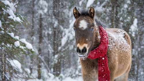 Brown horse with red scarf in snowy forest foal young horse