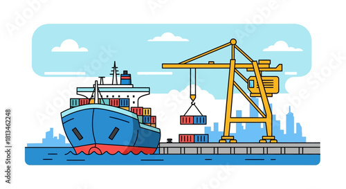 Container Ship Unloading at Port with Crane Illustration.