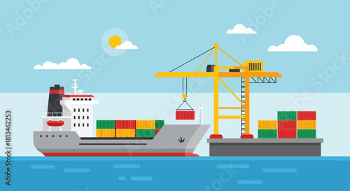 Cargo Ship Loading Containers at Port with Crane.