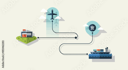 Global Logistics Network Connecting Warehouse, Airport, and Seaport.