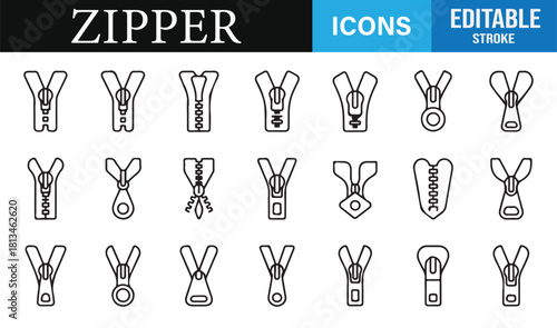 Outline zipper elements for clothing design, sewing illustrations, and fashion graphics
