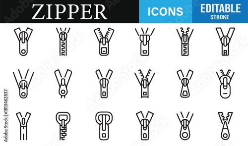 Minimal outline zipper icon collection with various puller and slider styles in editable stroke format