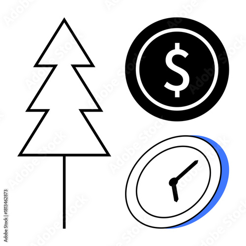 Minimalistic tree outline, dollar coin, and clock emphasizing sustainability, time management, wealth, and life balance. Ideal for finance, time planning, ecology productivity growth