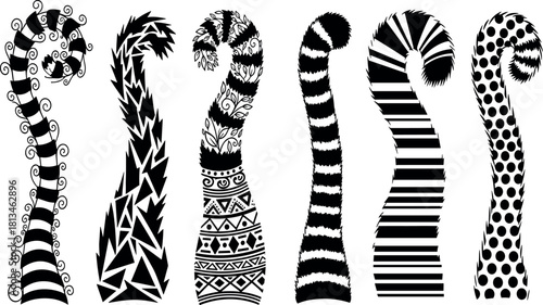 Stylized black-and-white cat tails with unique patterns – flavector decorative feline texture collection