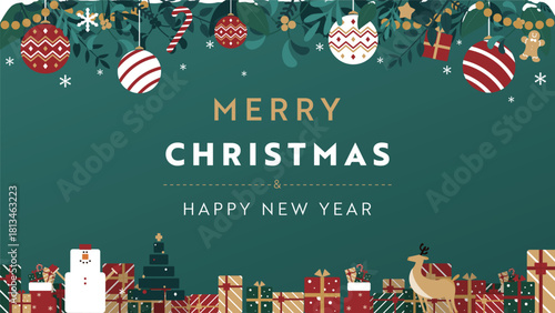 クリスマスオーナメントとプレゼントボックスで飾られたクリスマスの背景テンプレート（緑）　Christmas background template decorated with Christmas ornaments and gift boxes (green)