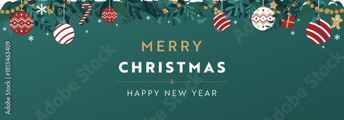 クリスマスオーナメントで飾られたクリスマスのバナー背景テンプレート（緑）　Christmas banner background template decorated with Christmas ornaments (green)