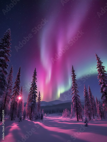 A stunning display of pink and green aurora borealis over a snowy forest