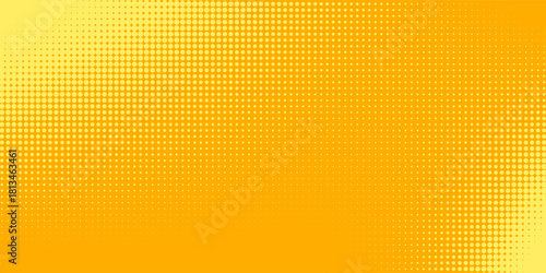 Yellow halftone pattern. Retro comic gradient background. Bright orange pixelated dotted texture overlay. Cartoon pop art faded gradient pattern. Vector backdrop for poster, banner. Modern