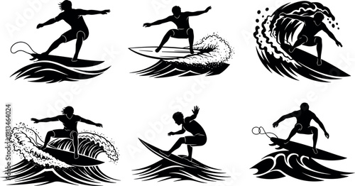 Surfer silhouette vector set, dynamic wave riders, black and white surfing illustration, extreme sport art - flavector