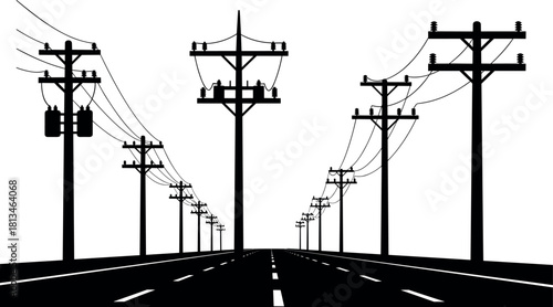 Surreal silhouette of utility poles lining a highway with power lines and deep perspective – flavector