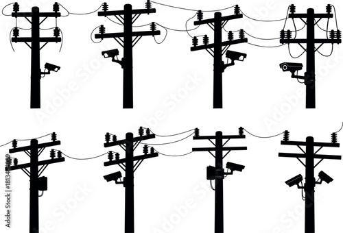 Surveillance cameras on utility poles with power lines in urban silhouette – flavector security concept