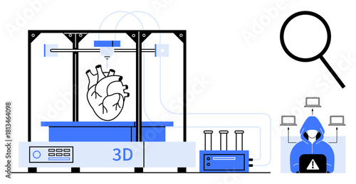 3D printer crafting anatomical heart, magnifying glass, test tubes, and hacker highlight innovation, data security, and research. Ideal for technology, health, science biotech cybersecurity