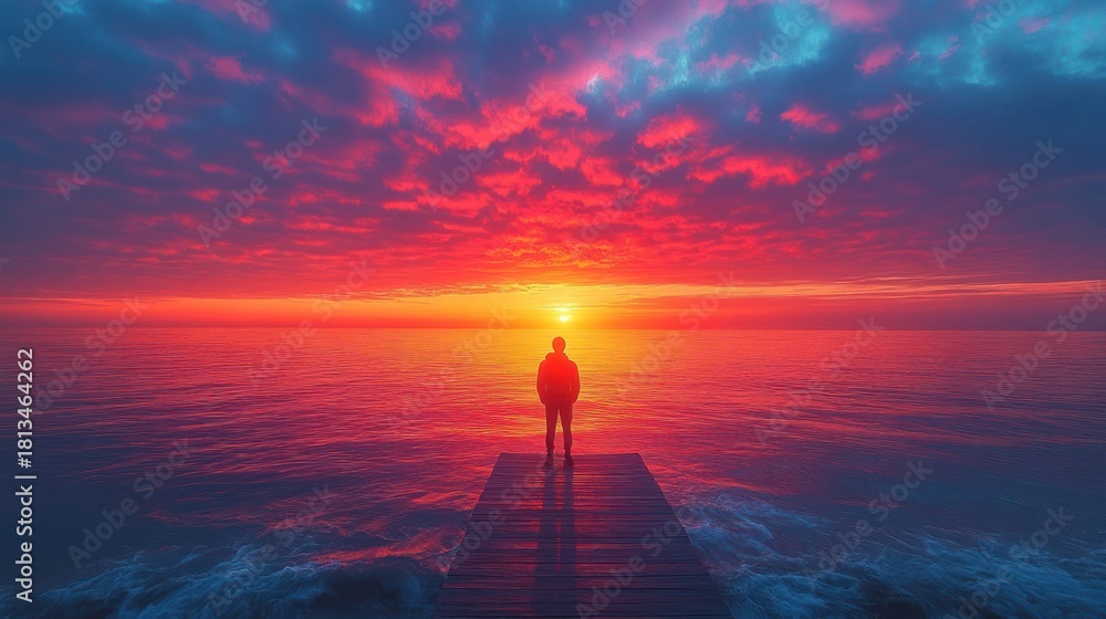 Fototapeta premium Silhouette figure on pier at vibrant sunset