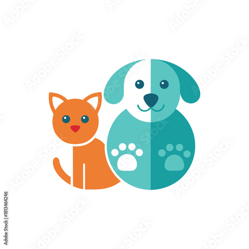 Charming pet logo design featuring a friendly orange cat and a turquoise dog, created using soft, rounded shapes. Flat vector icon for animal services and pet care