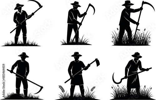 Traditional farmers harvesting crops with sickles and scythes in silhouette style rural agriculture scene - flavector