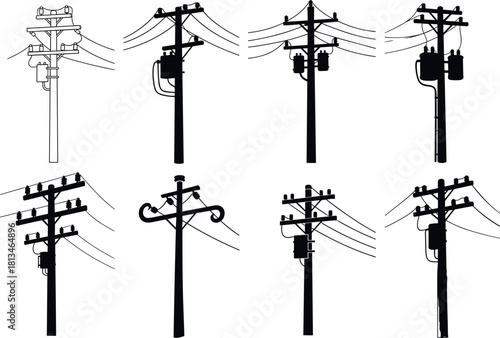 Utility pole silhouette collection, transformer vector icons, electric power line infrastructure, energy grid illustration, black set - flavector