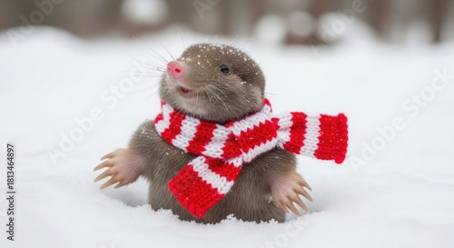 Cute mole wearing red and white striped scarf in snow