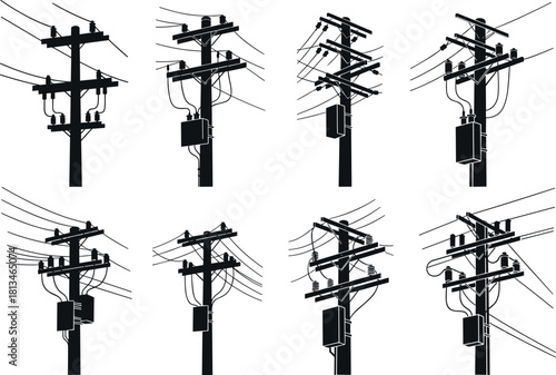 Utility pole silhouette set, transformer vector icons, electric power line design, energy infrastructure illustration, black shapes - flavector