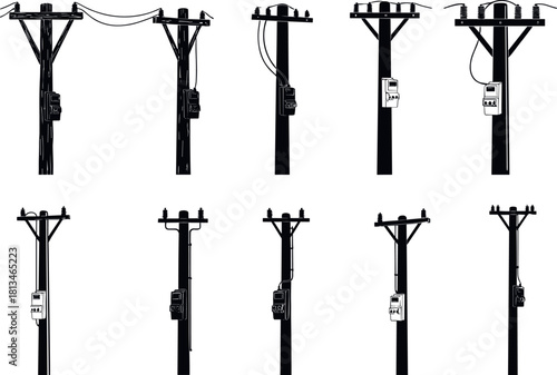 Utility pole silhouettes with diverse wire and transformer layouts – flavector electrical grid vector pack