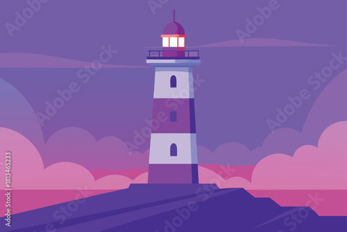 Coastal striped lighthouse beacon at purple twilight Vector