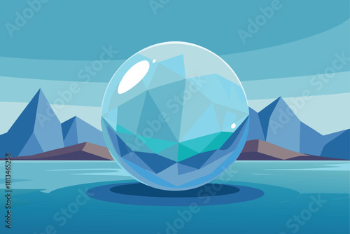 Faceted crystal orb floating on water with mountains Vector