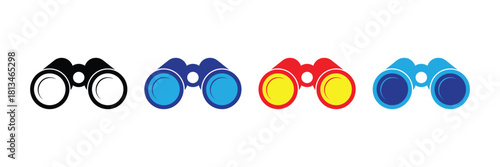 Set of four colorful binoculars icons isolated on white background, representing vision, search, discovery, and observation in different hues: black, blue, red, and cyan. isolated on white background