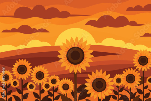 Sunflower field at sunset with warm sky illustration Vector