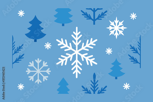 A delicate winter wonderland pattern featuring stylized snowflakes and evergreen trees on a blue background