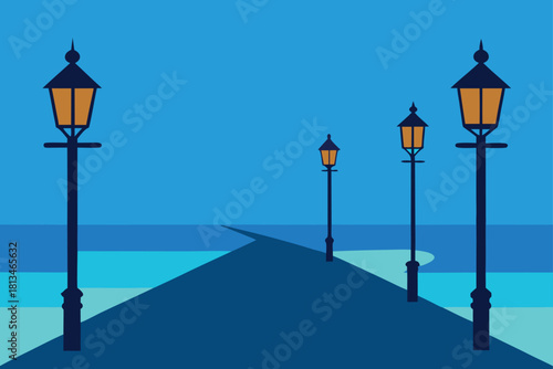 Pier with streetlights under serene blue evening sky Vector