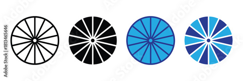 Collection of radial spokes, wheel, fan, sunburst, abstract geometric pattern icons and graphics in various styles and colors