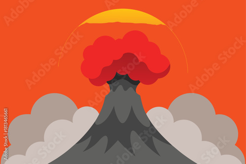 Volcano eruption with smoke and lava under orange sky Vector