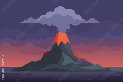 Erupting volcano with lava and smoke under dusk sky Vector