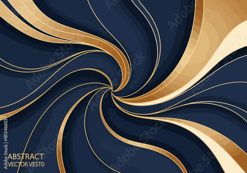 Abstract swirling vector art with gold and blue curves creating a vortex effect