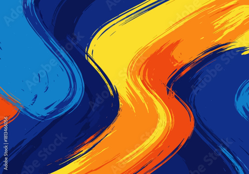Abstract image with curved brushstroked bands of blue yellow and orange against a dark blue background