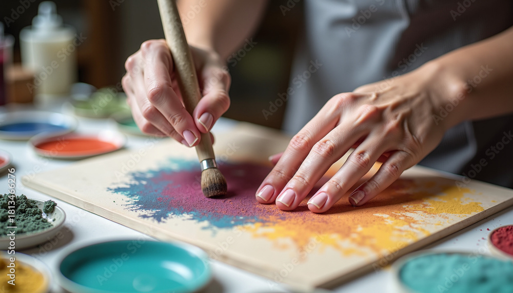Fototapeta premium Artist using a brush to apply vibrant pigments on a canvas in a creative workspace 